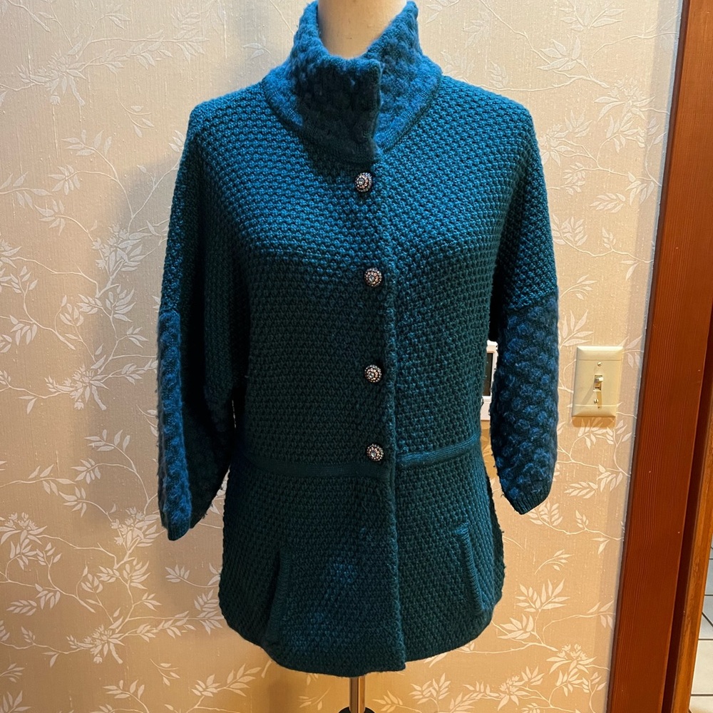 Green Wool Blend Knit Cardigan with Rhinestone Button Front Size L